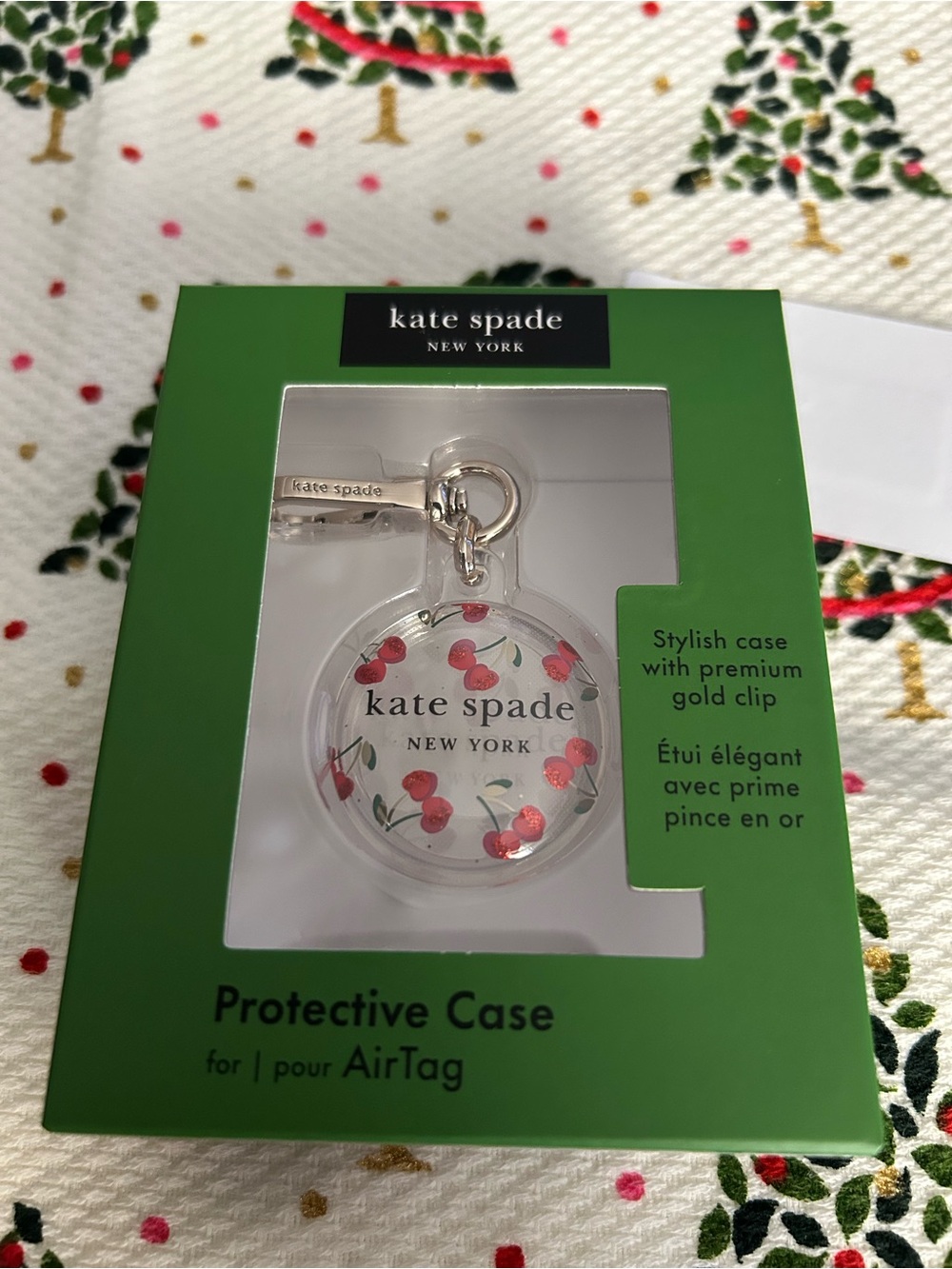 Kate Spade Clear AirTag Case 🍒 Red Cherry Print Gold Key & Clip New